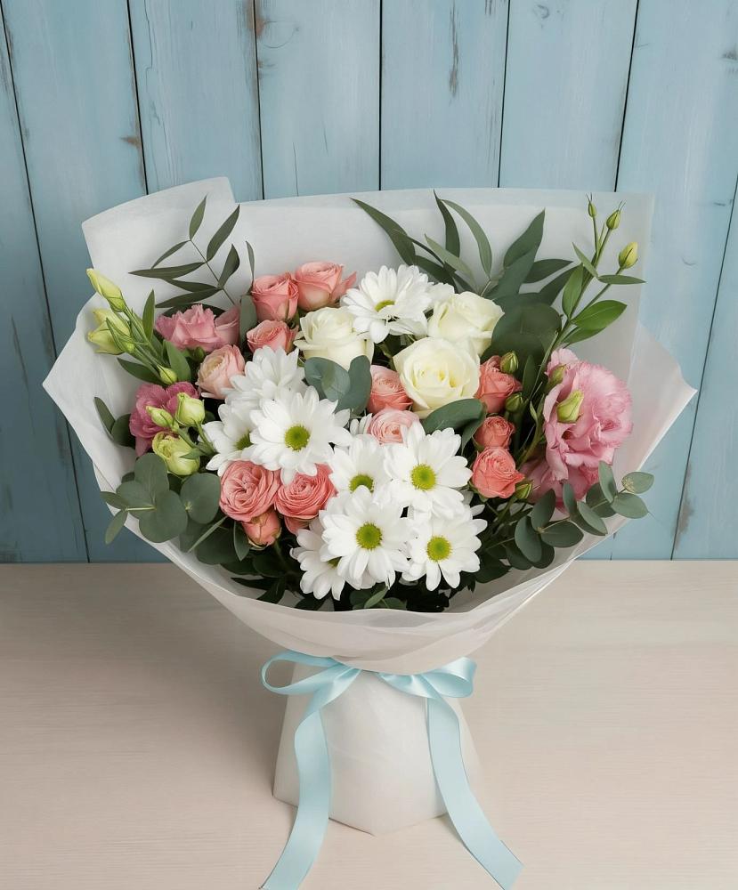Букет цветов из: Розы, Лизиантусы и Хризантемы в Запорожской