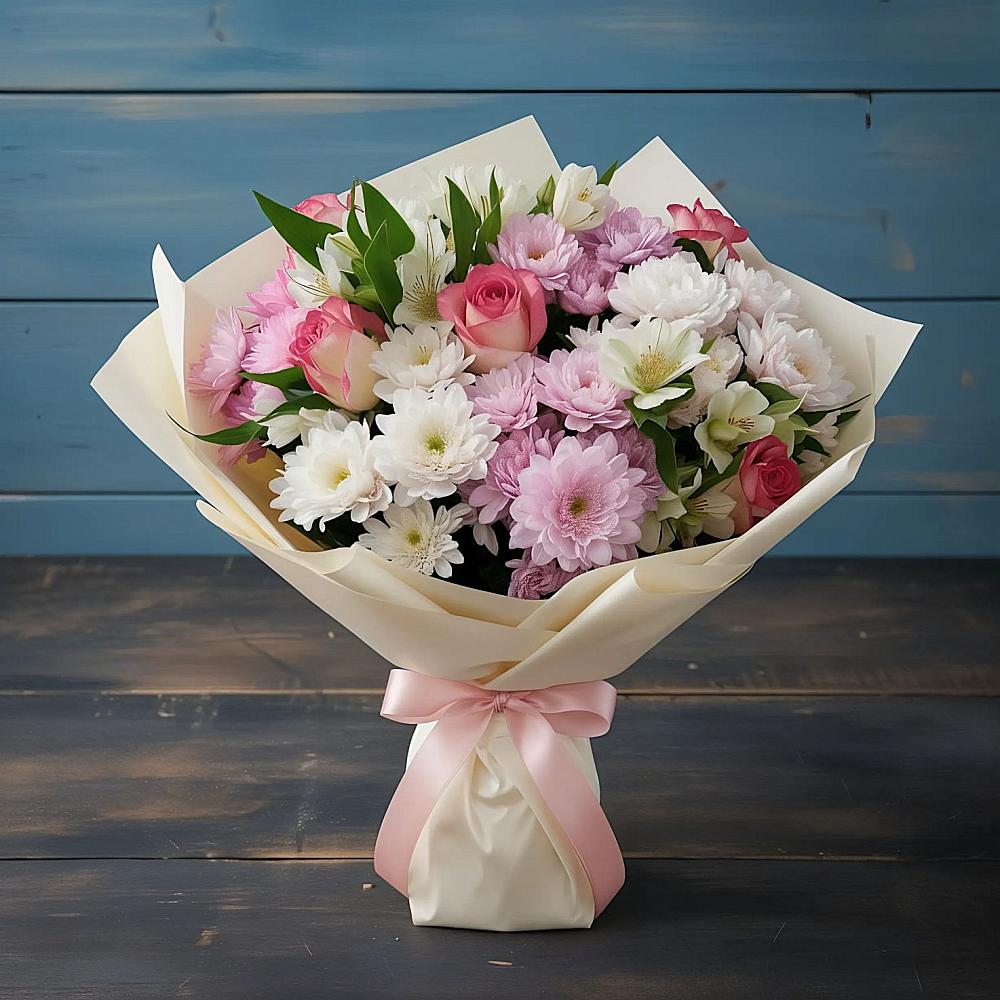 Букет цветов из: Хризантемы, Альстромерии и Розы в Запорожской